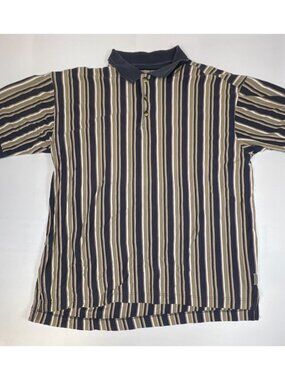 Vintage 90s Dockers Khakiware Vertical Stripe Polo Shirt XL Made in USA Navy Tan
